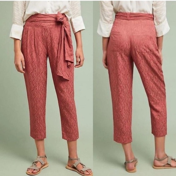 Anthropologie ETT:TWA Rose Jacquard Aubade Tie Waist Tapered Cropped Pants 6 - Picture 1 of 12